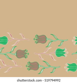 Seamless watercolor pattern of abstract vector pink, green and beige tulip flowers. Horizontal Vector illustration. Ditsy flowers.