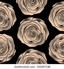 Seamless watercolor pattern of abstract vector black and beige rose flowers on a black background.