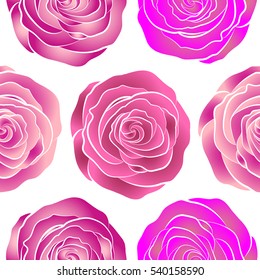 Seamless watercolor pattern of abstract vector pink, magenta and neutral rose flowers on a white background.