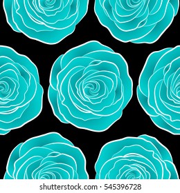 Seamless watercolor pattern of abstract vector blue rose flowers on a black background.