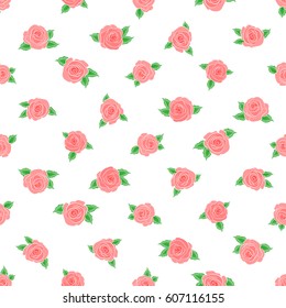Seamless watercolor pattern of abstract vector pink rose flowers on a white background.