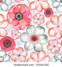 Patrón de acuarela sin inconvenientes con las flores abstracción color rojo y gris, ilustración en estilo vintage.