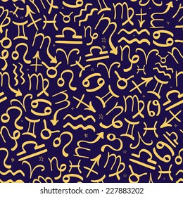 Seamless watercolor pattern with astrological zodiac symbols. Horoscope signs. Vector illustration. Hand-drawn background. Useful for invitations, scrapbooking, design.