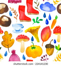 Seamless watercolor pattern. Autumn illustration of the symbols of autumn against a white background.