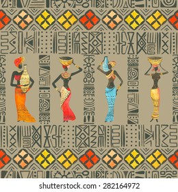 Seamless watercolor pattern pattern with beautiful African woman.