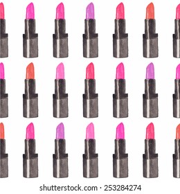 Seamless watercolor pattern with beauty items on the white background, aquarelle lipstick.  Vector illustration. Hand-drawn background. Original cosmetics background. Useful for invitations, design.