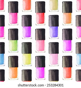 Seamless watercolor pattern with beauty items on the white background, aquarelle nail polish.  Vector illustration. Hand-drawn background.Original cosmetics background. Useful for invitations, design.