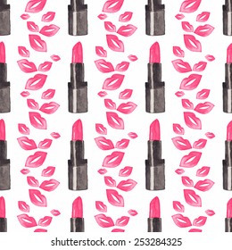 Seamless watercolor pattern with beauty items on the white background, aquarelle lipstick and kisses.Vector illustration.Hand-drawn original cosmetics background.Useful for invitations, design.