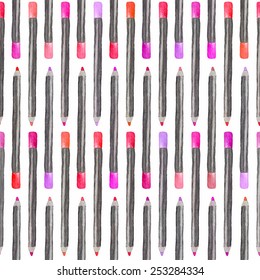 Seamless watercolor pattern with beauty items on the white background, aquarelle lippencil.  Vector illustration. Hand-drawn background. Original cosmetics background. 