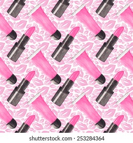 Seamless watercolor pattern with beauty items on the white background, aquarelle lipgloss and lipstick.  Vector illustration. Hand-drawn original cosmetics background. Useful for invitations, design.