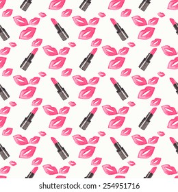 Seamless watercolor pattern with beauty items on the white background, aquarelle lipstick and kisses. Vector illustration. Hand-drawn original cosmetics background. 