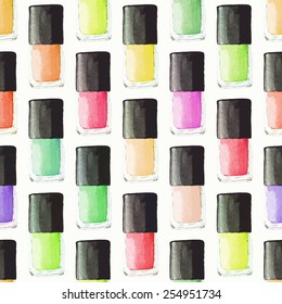 Seamless watercolor pattern with beauty items on the white background, aquarelle nail polish.Vector illustration.Hand-drawn original cosmetics background. Useful for invitations, scrapbooking, design.