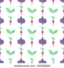 Seamless watercolor pattern with beetroot and radishes on the white background, aquarelle.Vector illustration.Hand-drawn background. vegetable background. Useful for invitations, scrapbooking, design.