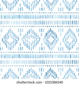 Seamless watercolor pattern. Blue geometric elements on a white background. Handmade. Ethnic geometric ornament, tribal style, aztec wallpaper, bohemian native print. Uneven edges. Vector illustration