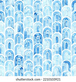 Seamless watercolor pattern. Blue rainbow isolated on white background. Vintage paper texture. Vector illustration.