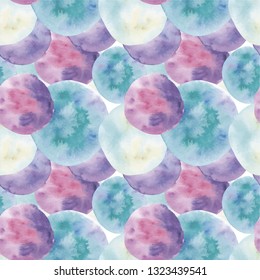 Seamless watercolor pattern, blue vecor background, blue and purple watercolor circles and spots