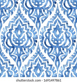 Seamless watercolor pattern. Blue and white brush-drawn ornament on paper. Vector illustration.