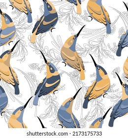 Seamless watercolor pattern, bright chicken, Easter eggs, colorful twigs on a white background. Print jungle seamless vector pattern