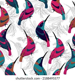 Seamless watercolor pattern, bright chicken, Easter eggs, colorful twigs on a white background. Print jungle seamless vector pattern