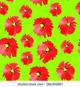 Seamless watercolor pattern with bright red flowers