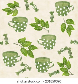 Seamless  watercolor pattern with  candy and tea cups.