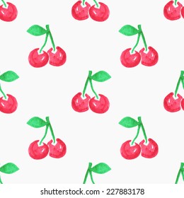 Seamless watercolor pattern with cherries, aquarelle cherry.  Vector illustration. Hand-drawn background. Useful for invitations, scrapbooking, design.