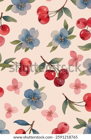 Seamless Watercolor Pattern with Cherries and Flowers