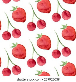 Seamless watercolor pattern with cherry and strawberry 