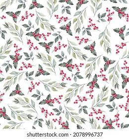 Seamless watercolor Pattern with Christmas Symbol - Holly Leaves on White Background.