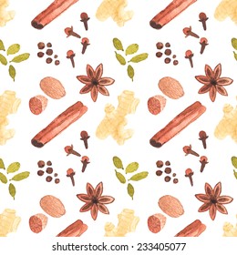 Seamless watercolor pattern with cinamon, ginger,cloves,allspice,cardamom, nutmeg, star anise, aquarelle.  Vector illustration. Spices for mulled wine. Useful for invitations, scrapbooking, design.