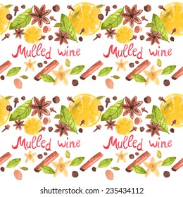 Seamless watercolor pattern with cinnamon, ginger,cloves,allspice,cardamom, nutmeg, star anise on the white background, aquarelle.  Vector illustration.Useful for invitations, scrapbooking, design.