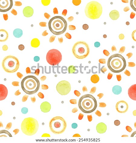 Seamless watercolor pattern with circles and sun.