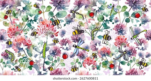 Seamless watercolor pattern with colorful wildflowers. Clover Watercolor Flower with Butterflies , bees and dragonflies. hand drawn. Not AI, Vector illustration.