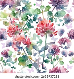 Seamless watercolor pattern with colorful wildflowers. Clover Watercolor Flower with Butterflies. hand drawn. Not AI, Vector illustration.