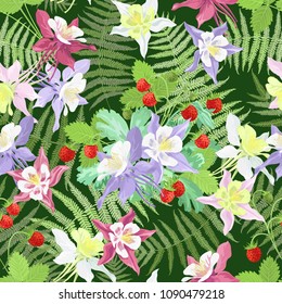 Seamless watercolor pattern with columbine flowers, fern leaves and srawberries on dark background.