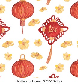 Un patrón de acuarela sin fisuras que combina las tradicionales linternas vietnamitas Tǫt y flores de albaricoque amarillo, dispuestas en un diseño festivo que se repite y simboliza la primavera, la alegría y la buena fortuna.