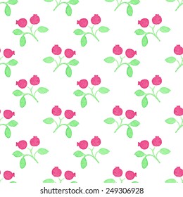 Seamless watercolor pattern with cranberries on the white background, aquarelle.  Vector illustration. Hand-drawn background. Original fruit background. Useful for invitations, scrapbooking, design.