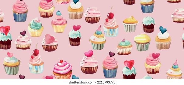 Seamless watercolor pattern with cupcakes.