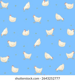 Padrão de aquarela sem emenda com galinhas brancas bonitinhas em poses diferentes sentadas, caminhadas, bicadas. Fundo transparente, perfeito para embalagens, produtos infantis, têxteis e adesivos.