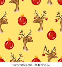 Seamless watercolor pattern with deer and red Christmas ornaments on yellow background. Vector illustration