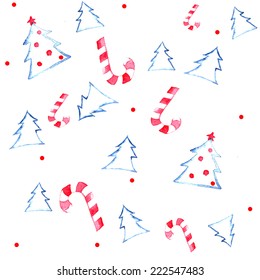 Seamless watercolor pattern with different candies and christmas trees
