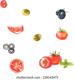 Seamless watercolor pattern with different ingredients: tomato, green and black olives