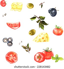 Seamless watercolor pattern with different ingredients: tomato, cheese, laurel, olives