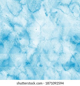 Seamless watercolor pattern in doodle style. White triangles polka dot on blue background. Vector illustration.