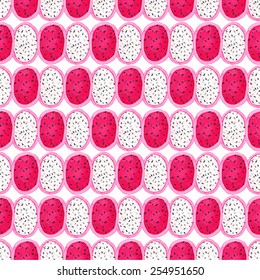 Seamless watercolor pattern with dragon fruit or pitaya on the white background, aquarelle. Vector illustration. Hand-drawn original fruit background. Useful for invitations, scrapbooking, design.