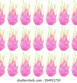 Seamless watercolor pattern with dragon fruit or pitaya on the white background, aquarelle. Vector illustration. Hand-drawn original fruit background. Useful for invitations, scrapbooking, design.