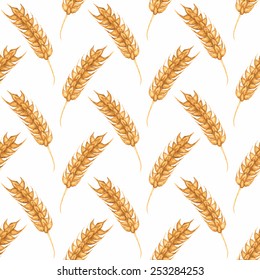Seamless watercolor pattern with ear of wheat on the white background, aquarelle. Vector illustration. Hand-drawn background. Original background. Useful for invitations, scrapbooking, design.