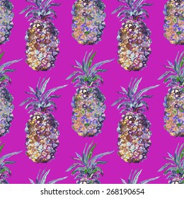 Seamless watercolor pattern with exotic pineapple. Vector format.