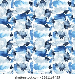 Seamless watercolor pattern featuring abstract brushstrokes in blue and white tones. A modern and artistic design perfect for textiles, wallpapers, backgrounds, and contemporary creative projects.