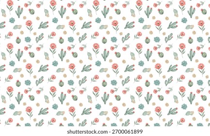Um padrão de aquarela sem costura com vários tipos de cactos verdes, suculentas e flores rosa florescendo em um fundo branco, perfeito para têxteis, papel de parede ou projetos de design.